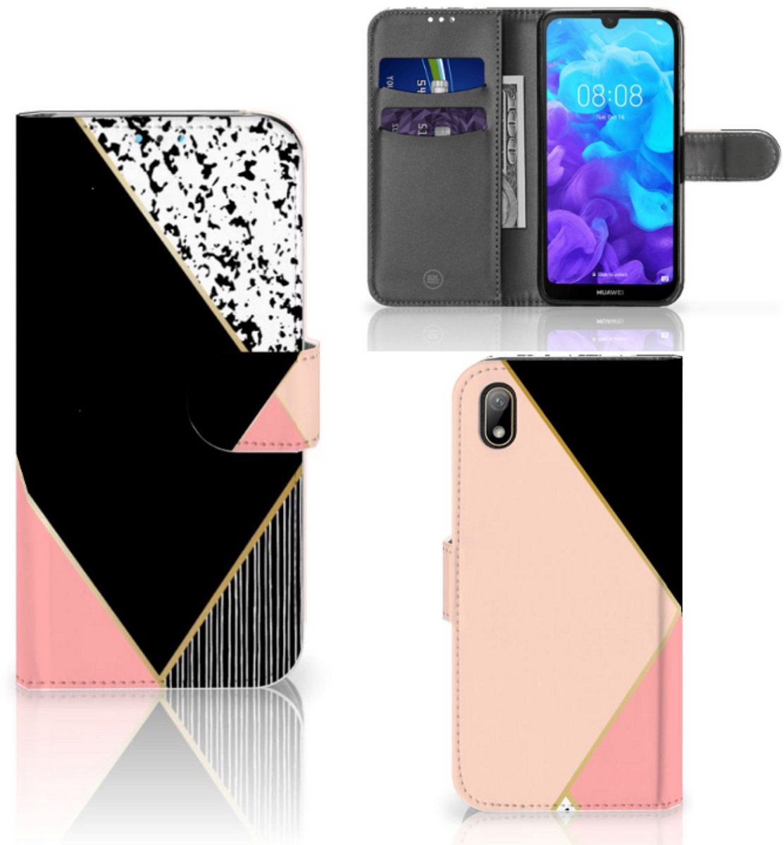 Huawei Y5 (2019) Book Case Zwart Roze Vormen