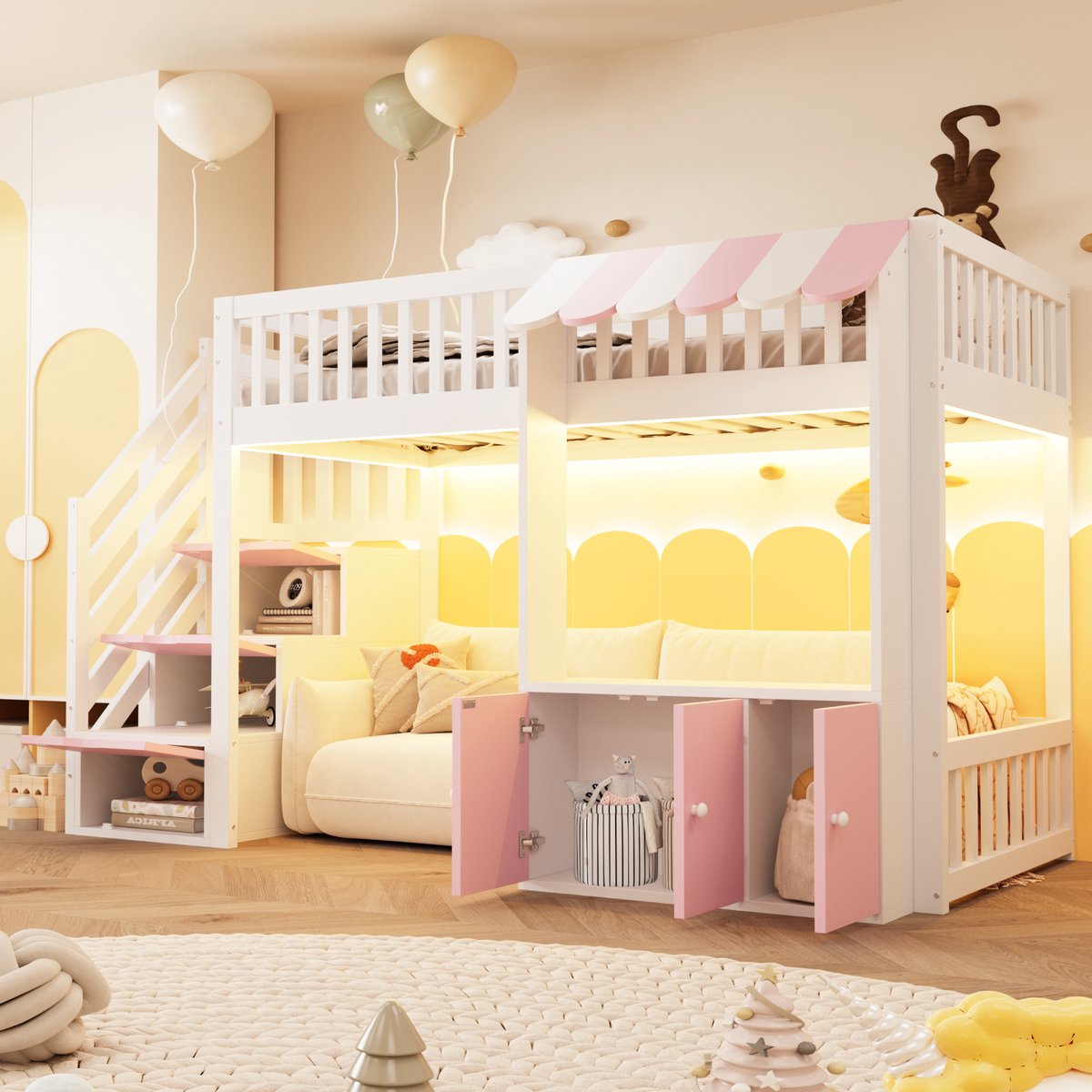 Wishdor Hoogslaper – 90 x 200 cm – Met Opberglade-Trap en Kast – Meerleurige LED-Lichtstrip – Dakrandontwerp – Massief Hout en MDF – Roze Wit – Voor Tienerslaapkamer