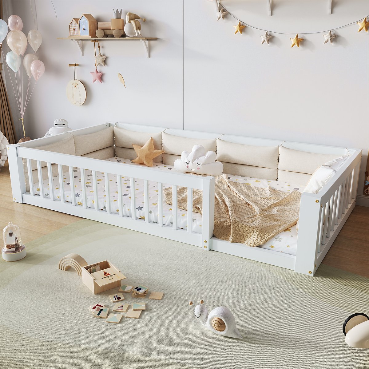 Wishdor Platformbed - Met Zijhekje En Kussens - Veiligheidshekje - Massief Grenenhout En MDF - Wit - 90 X 200 Cm