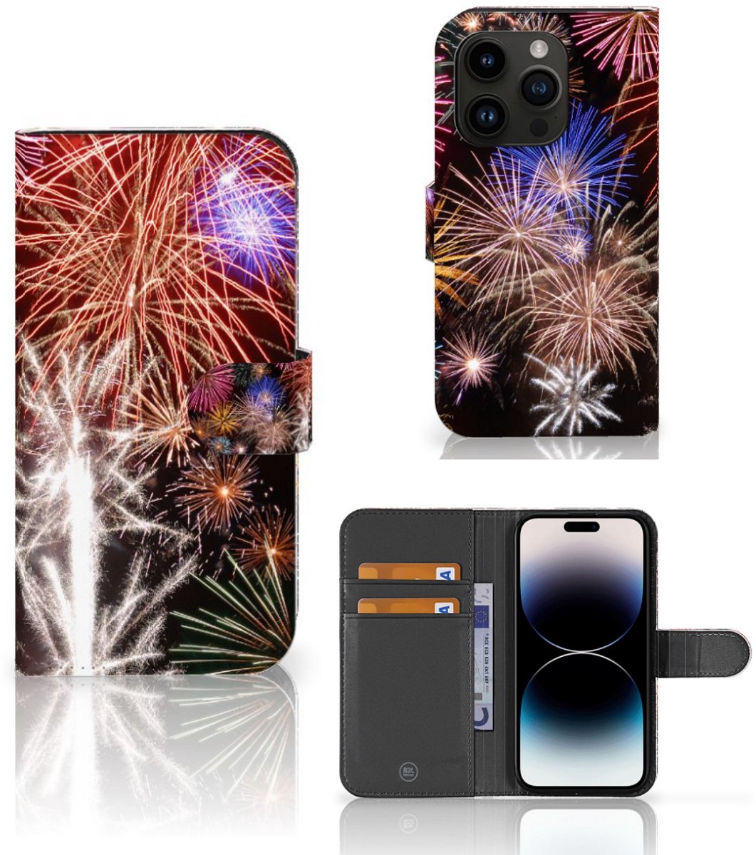 Book Case voor iPhone 15 Pro Wallet Case met Pasjes Vuurwerk
