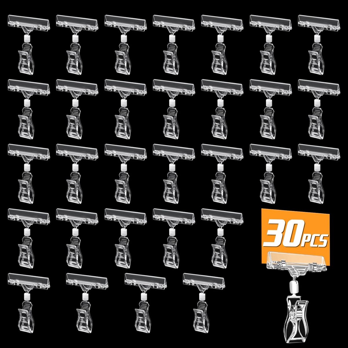 Draaibare kunststof labelclips - 30 stuks, transparant, voor prijskaarten en etiketten