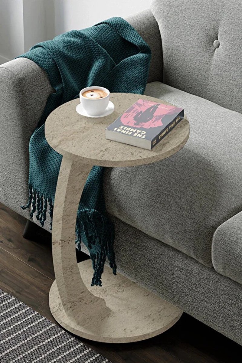 Zeo Wood® - Bijzettafel - Bijzettafel met wielen - Bedtafeltje met Wielen - Tafeltje op Wieltjes - Ronde Bijzettafel - Travertin Kleur
