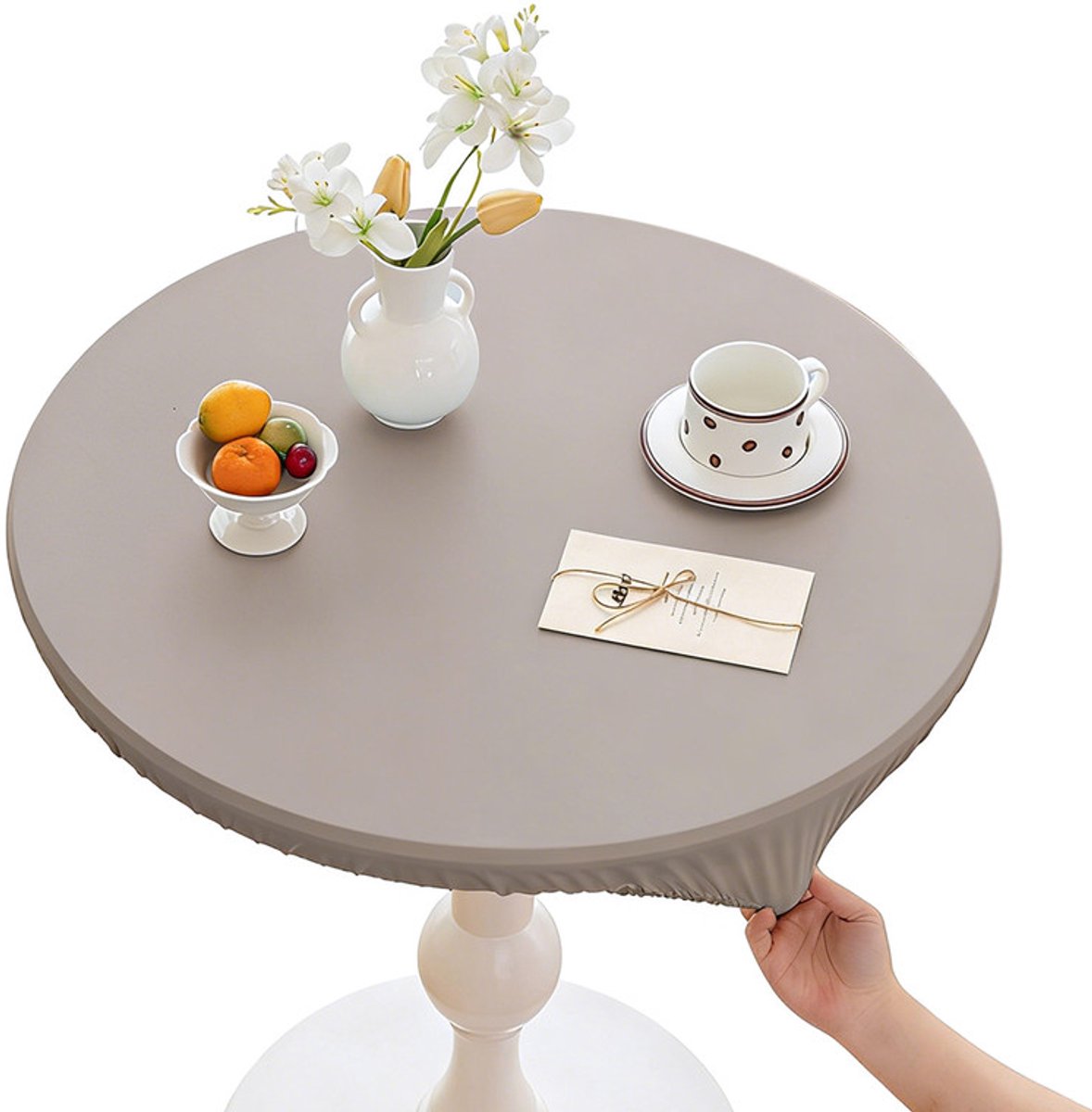 Rond tafelkleed - voor buiten - waterdicht - wasbaar - elastisch - tafeldiameter 110 cm - grijs