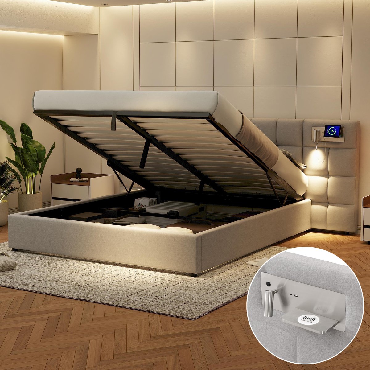 MIVRAY Gestoffeerd Bed 180x200cm - Met USB Aansluiting En Draadloos Opladen En Leeslamp - 