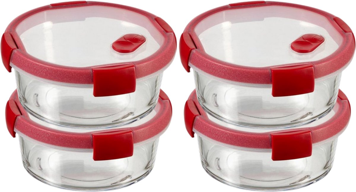 Curver Smart Cook Vershouddoos - Glas met deksel - Rond - Set van 4 x 0,6L - Rood/Transparant