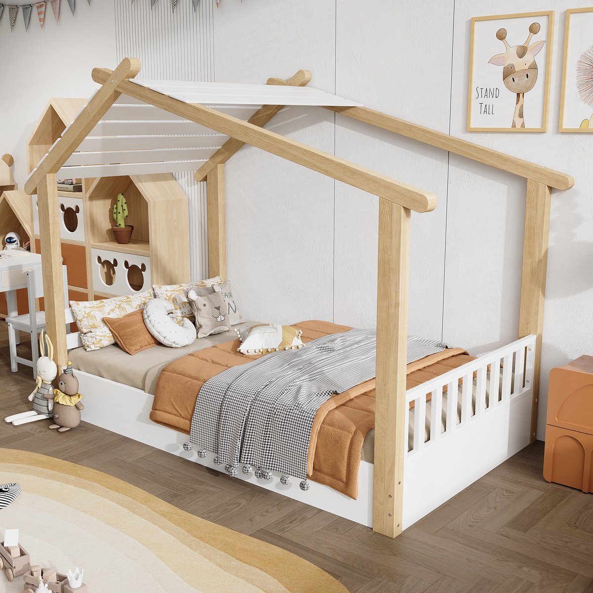 STILVORA Kinderbed 90x190 cm – Houten Huisbed Met Lattenbodem – Eenpersoonsbed Voor Kinderkamer – Wit Naturel – Zonder Matras Natuurlijk