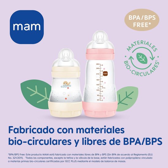 MAM Easy Start Anti-Colic A122 Gepatenteerde fles met zuignap 2 van SkinsoftTM Ultra Soft siliconen voor baby's vanaf 2 maanden, zelfsteriliseerbaar in 3 minuten260 ml 1 eenheid (pak van 1)neutraal,Lichtblauw en wit — afbeelding 4