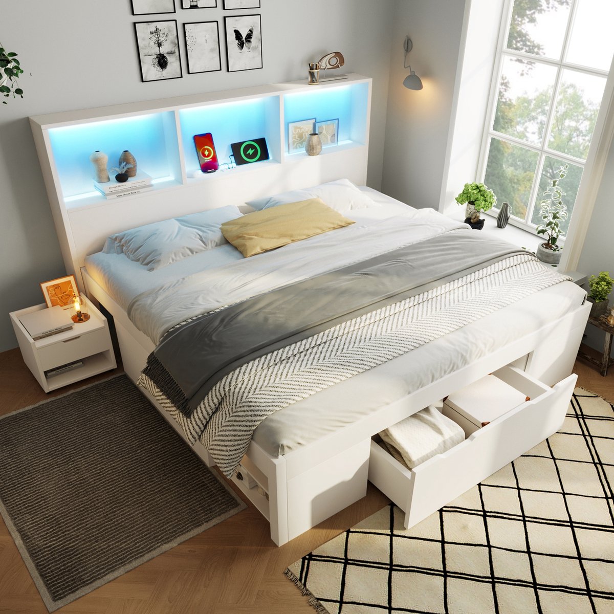MIVRAY Bed 140x190 Cm - Tweepersoonsbed Met Led Verlichting En Oplaadpoorten - Met Opberglade En Verrijdbaar Nachtkastje - Hout - Wit