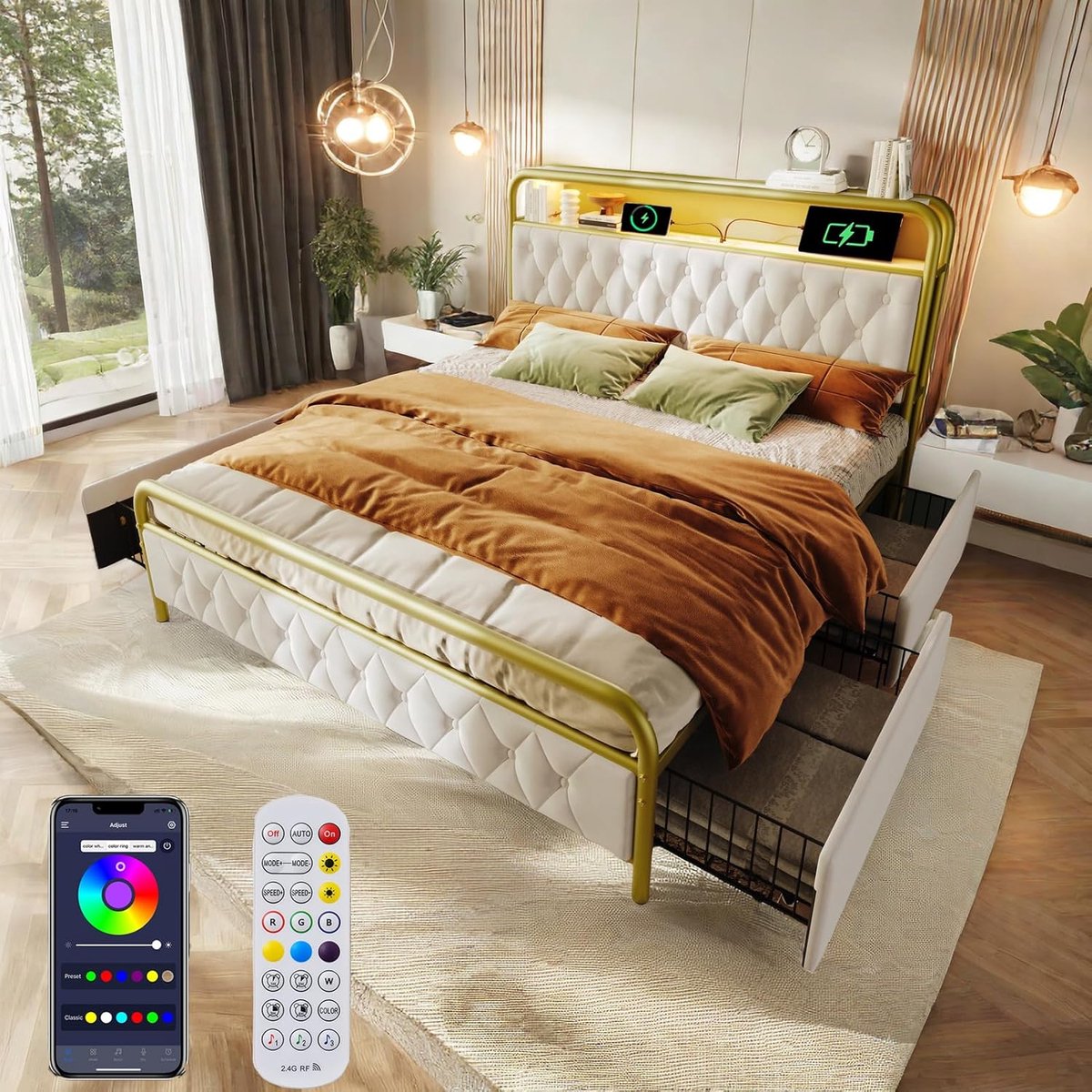 Gestoffeerd Bed - Tweepersoonsbed - Opbergen & Laden - Met LED en USB - 140x200cm - Wit