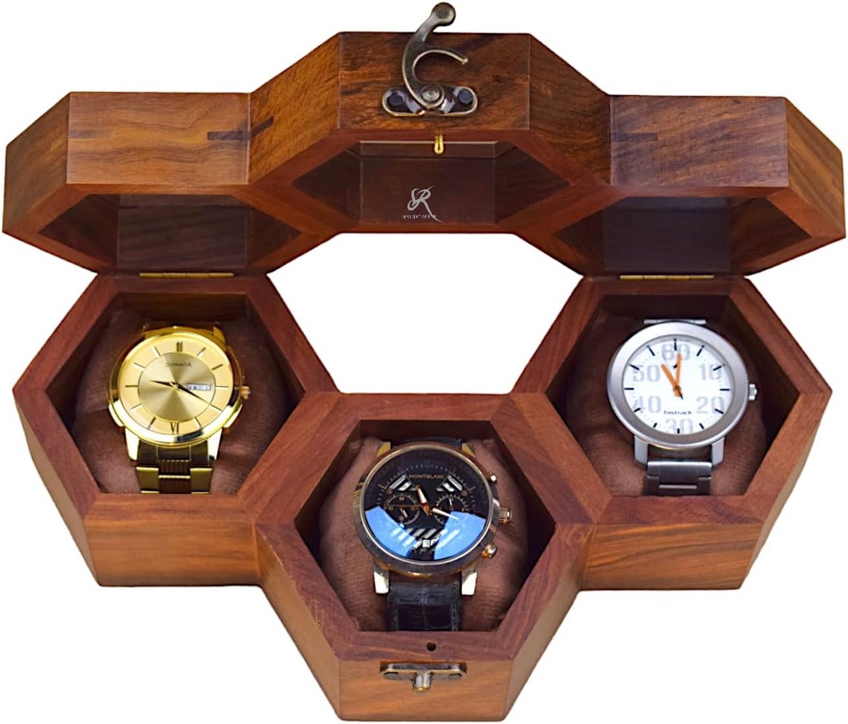 Houten Horlogebox voor Mannen - Luxe Houten Organizer met Glazen Deksel voor 3 Horloges - Elegant Cadeau voor Hem