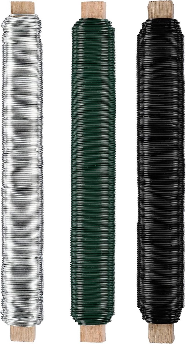 Bloemendraad knutseldraad set - 3 stuks wikkeldraad 0,65 mm x 38 m - Groen Zilver Zwart