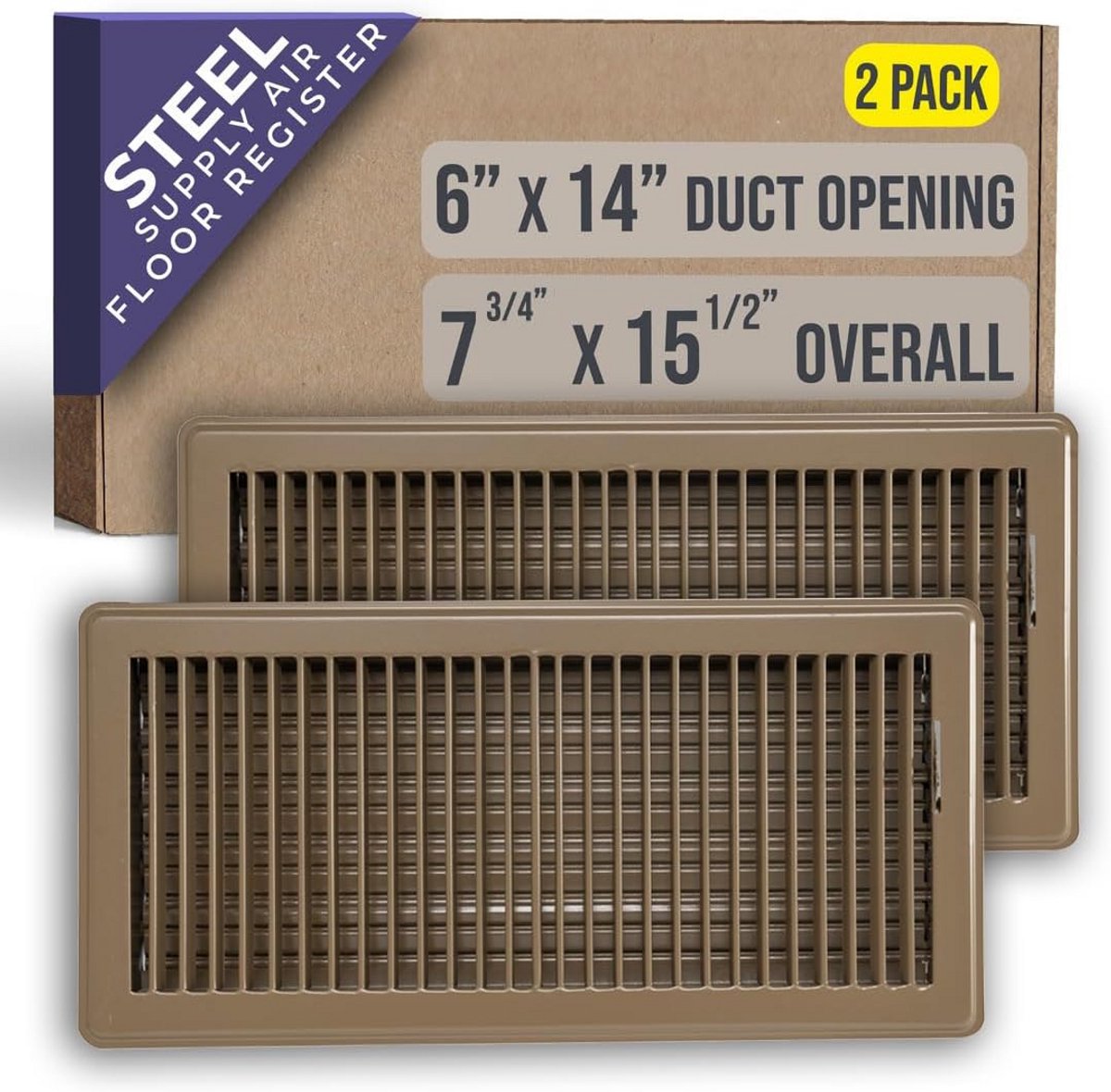 2-Pack 6" x 14" Vloerregister met Lamelontwerp - Heavy Duty Ontwerp met Demper - Vloerventilatierooster met Verstelbare Luchttoevoer - Bruin