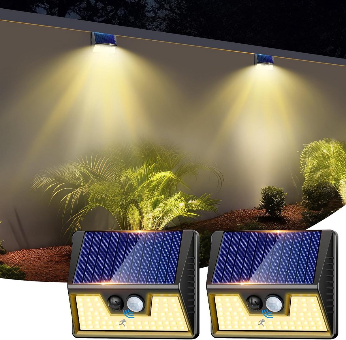 Led-solarlampen voor buiten met bewegingsmelder – 2 stuks – verlichting voor tuin, binnenplaats, garage en muur (warmwit)