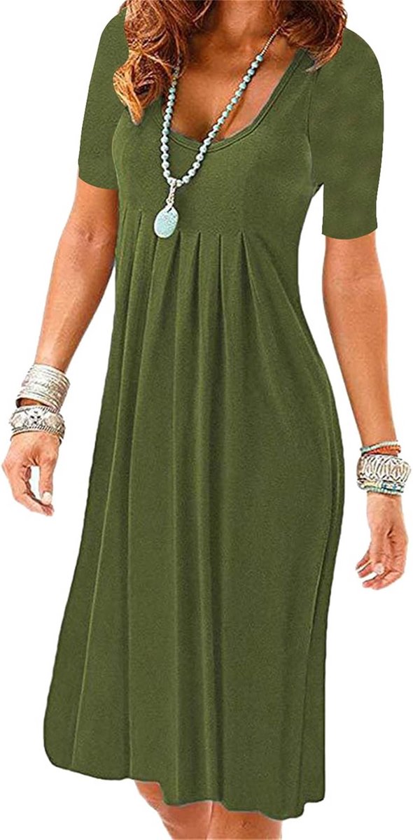 Dames Swingjurk Middellang Plissé Zomerjurk Ronde Hals Effen Kleur