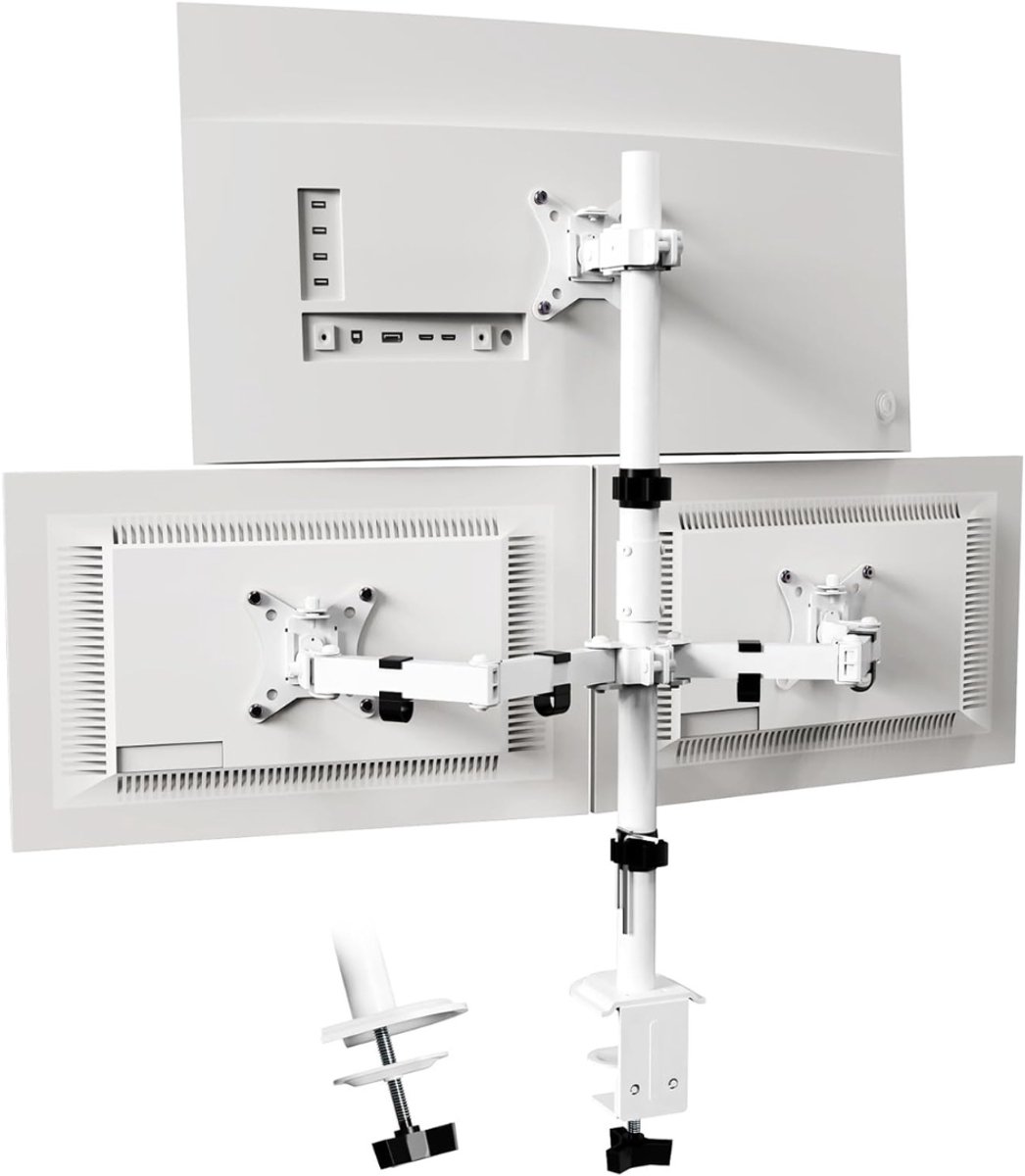 Quvo® Monitorarm 3 schermen - Muurbeugel - Triple Beeldschermarm - Muurbeugel Monitor - Monitorbeugels - Monitorbeugel 3 schermen - Draaibaar, Kantelbaar En In hoogte verstelbaar - Wit - 42cm x 18cm x 17cm