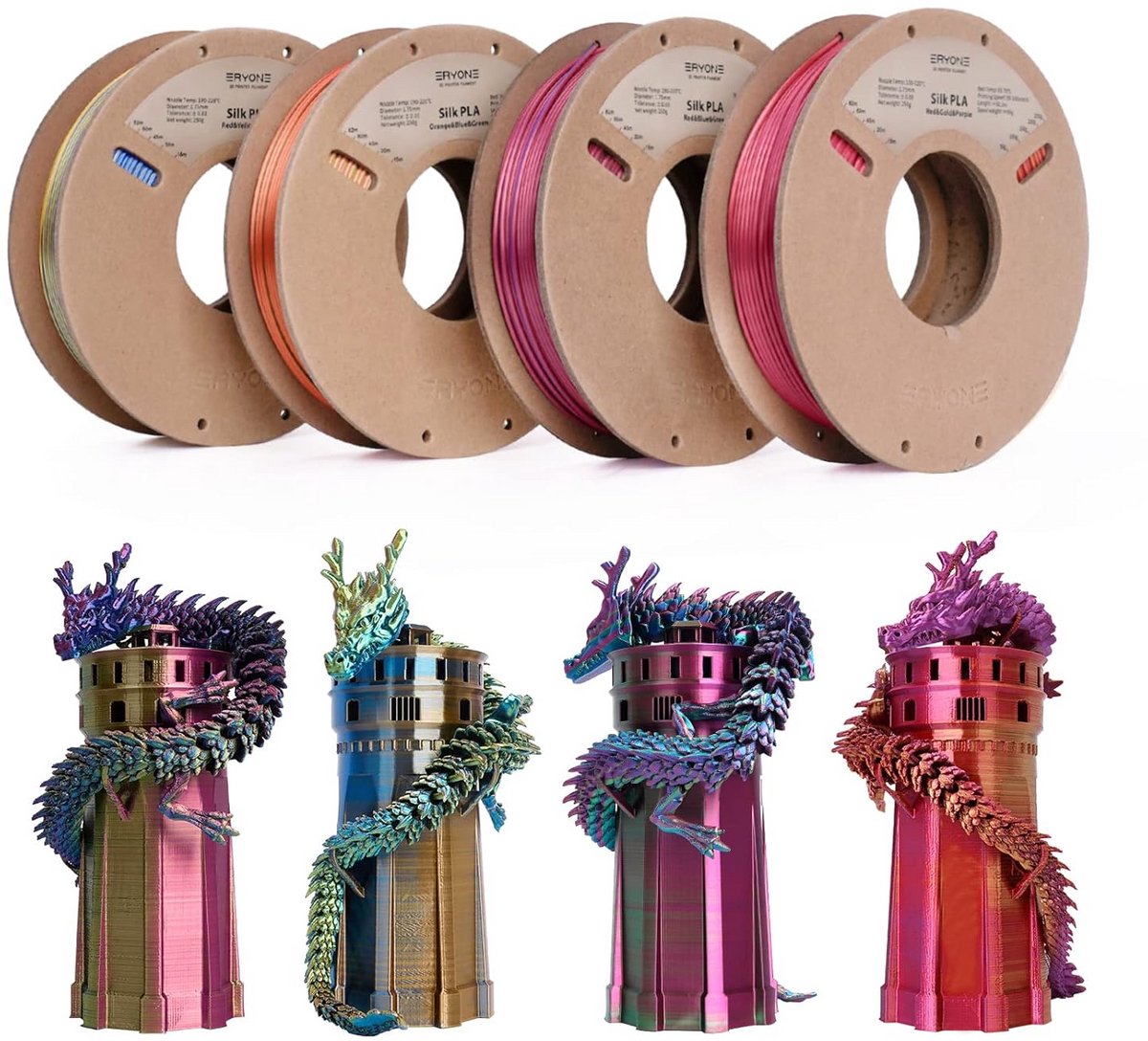 3D Printer Filament PLA 1.75mm Multi-Kleur Zijde Set, 4x250g Pakket met Rood/Blauw/Groen & Rood/Goud/Paars