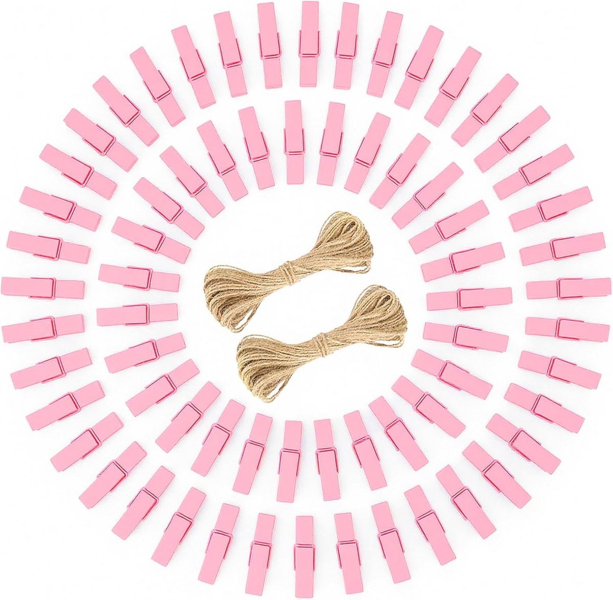 Kleine Houten Wasknijpers Roze - 100 Stuks Fotoklemmen met Jute Touw voor Knutselen