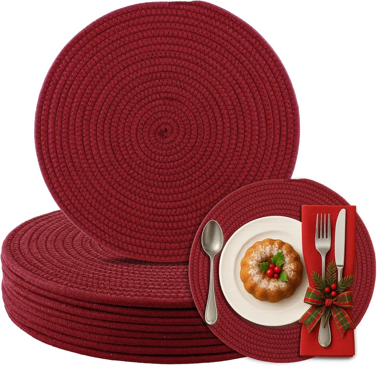 Set van 8 Ronde Geweven Placemats 33,5 cm Katoenen Touw Hittebestendig Decoratief