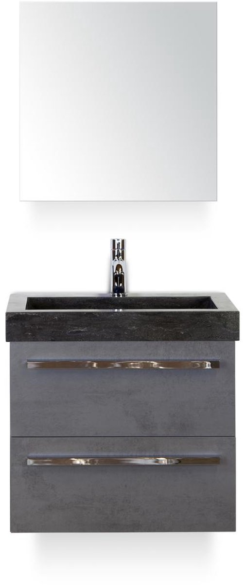 Seville Badmeubelset 60 cm - Beton Antraciet - Wastafel Hardsteen Wit Lucca - met Spiegelkast