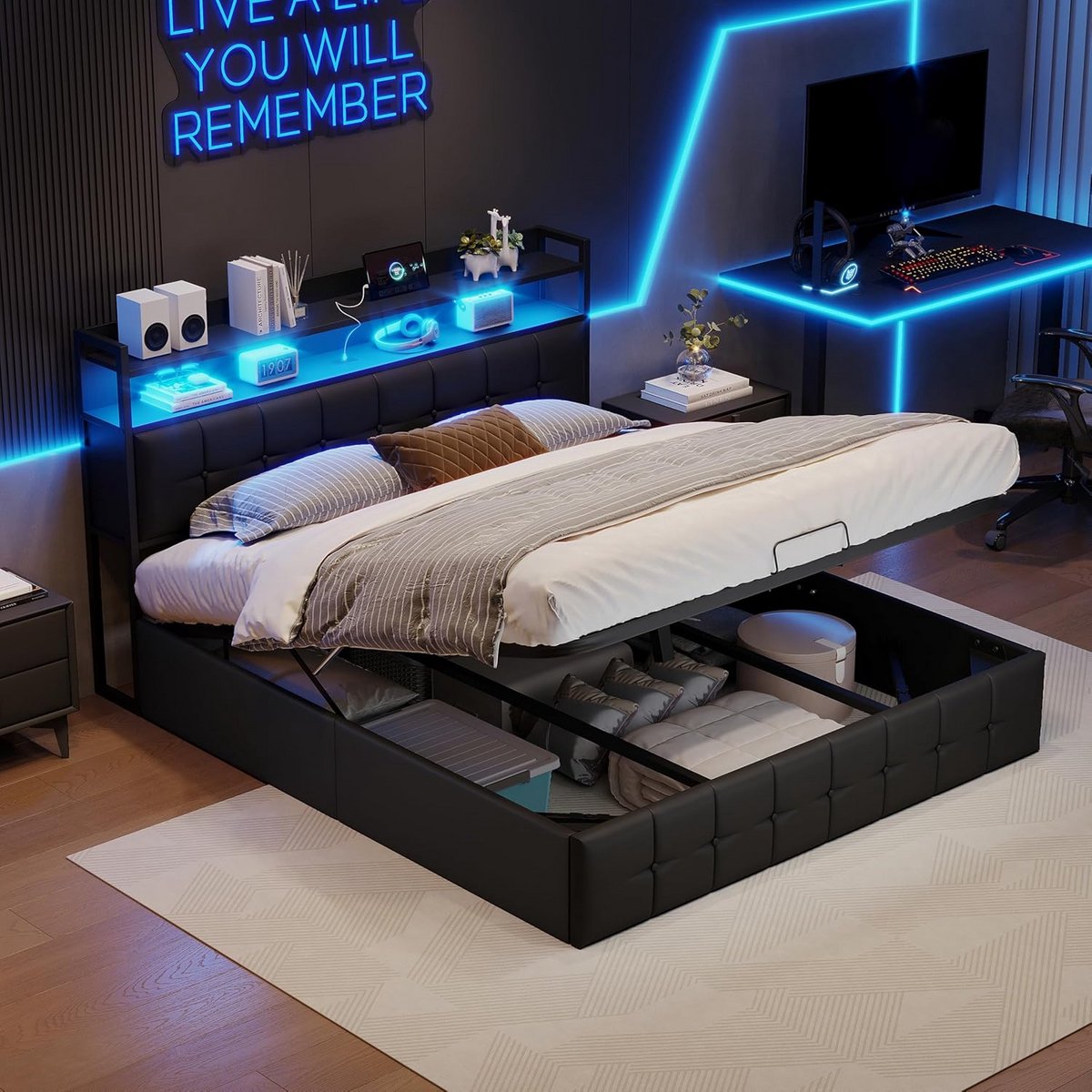 Tweepersoons Bed met Opbergruimte en LED Verlichting, 160x200cm