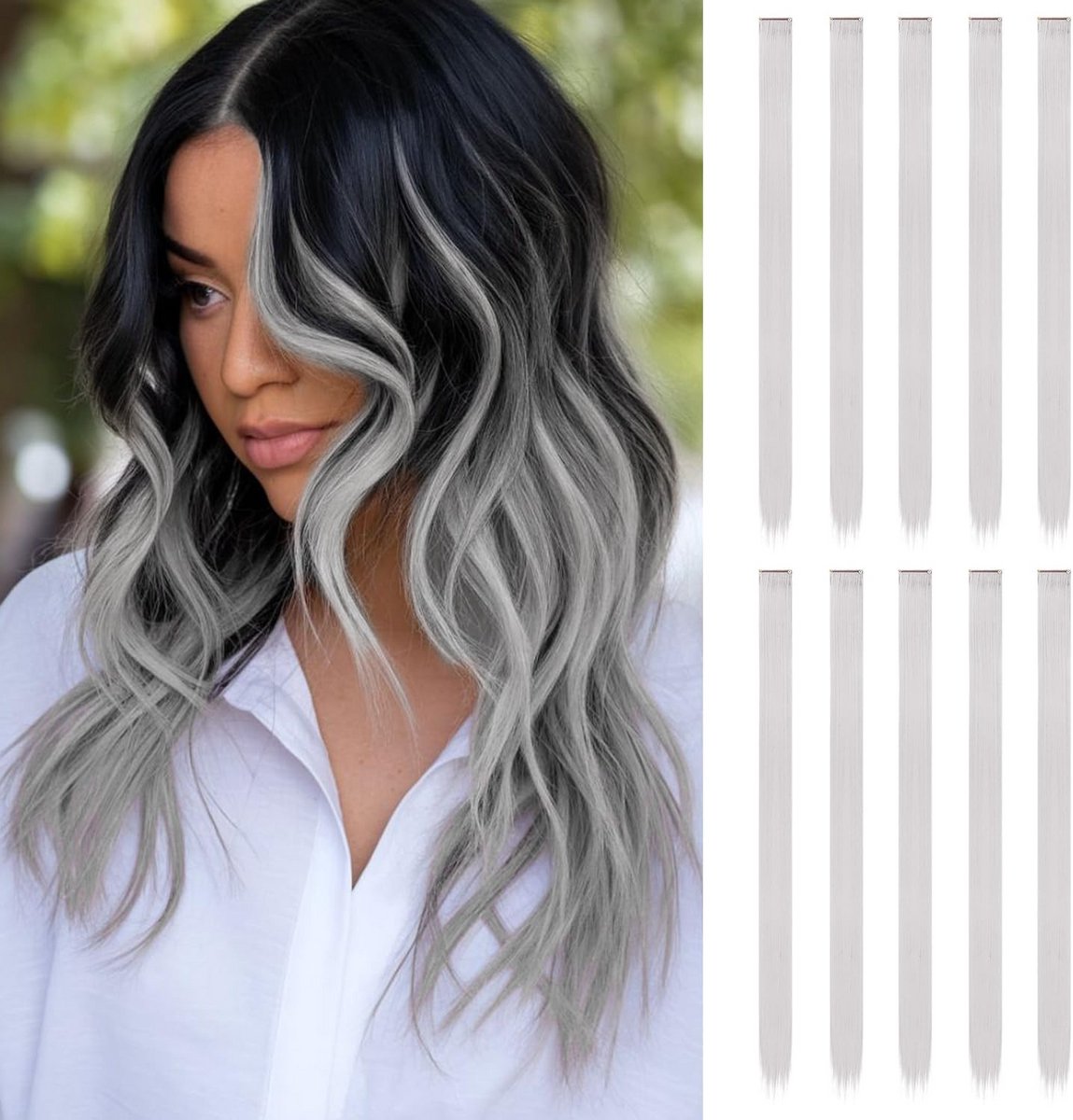 10 Stuks Clip-in Haarextensions 56 cm Lang Steil Zilver Haaraccessoire