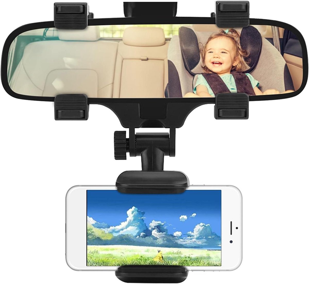 Telefoonhouder voor Auto Spiegel Achteraanzicht, 360 Graden Draaibare Mobiele Telefoonhouder voor Auto, Multifunctionele Smartphone Houder met Achteruitkijkspiegel