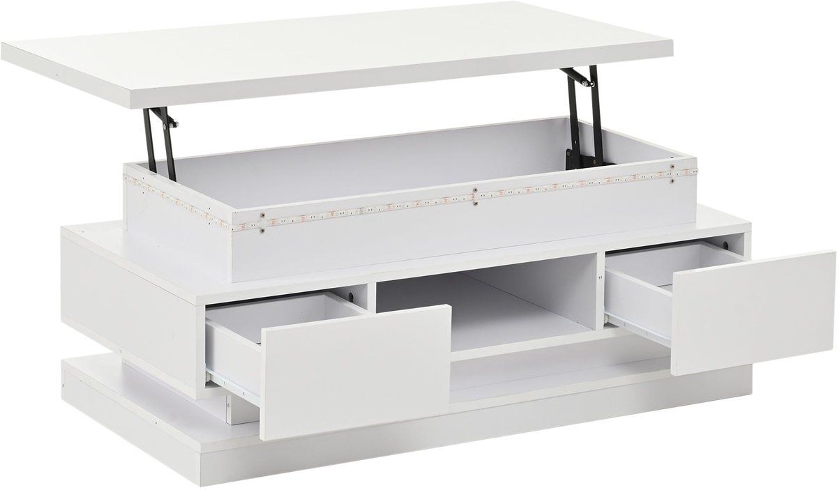 Merax Salontafel Met Verstelbaar Tafelblad 100 X 50 X 40 Cm Wit Hoogglans - Met 2 Lades - Verborgen Opbergruimte - Halfopen Vak - Led-Verlichting Met App-Bediening - Met Usb-Aansluiting