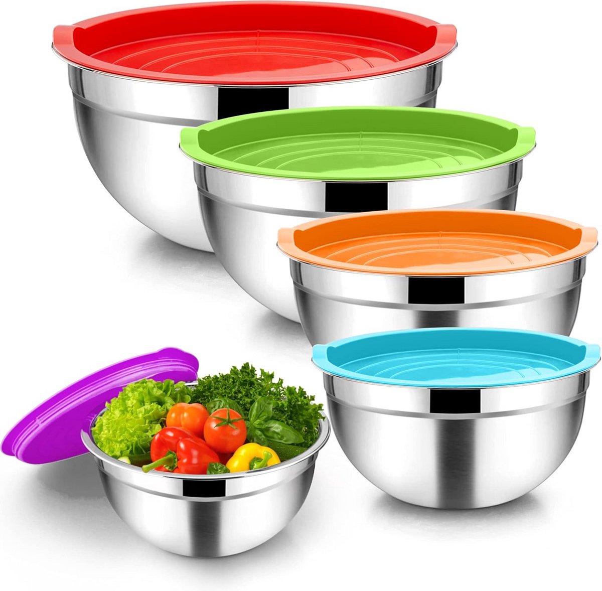 RVS Mengkom Set met Deksel 5 Delen - Stapelbare Salade Kommen voor Keuken & Bewaren