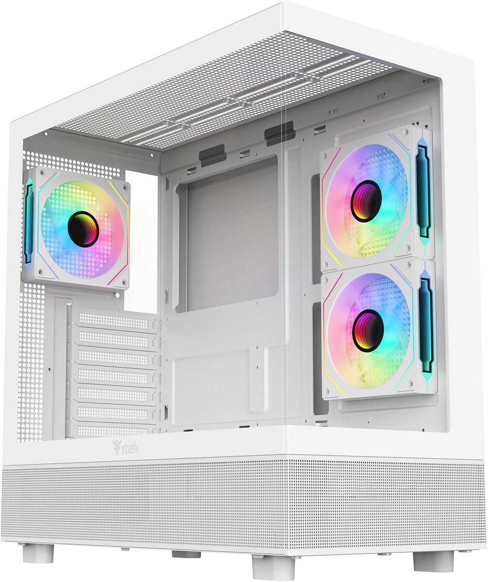 Gaming PC Behuizing Wit met ARGB Fans, Gehard Glas Voor- en Zijpaneel, Type-C