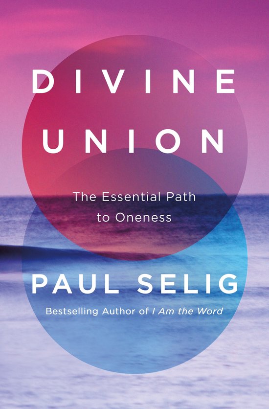 Boekomslag 'Divine Union' met roze en blauwe cirkels over een zonsondergang aan zee. Tekst: DIVINE UNION, PAUL SELIG.