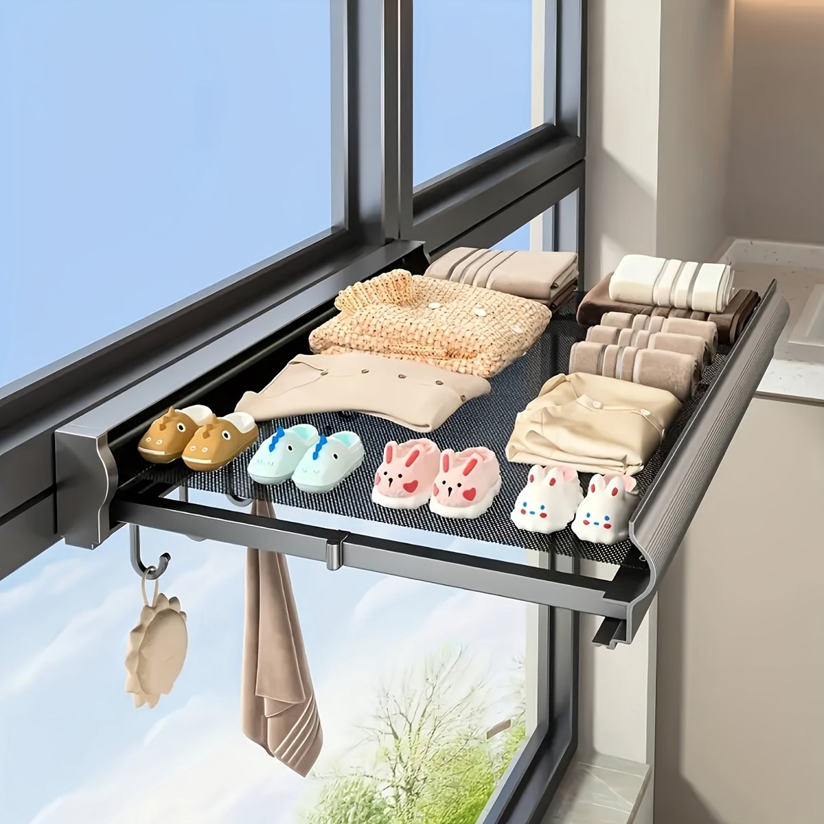 Droogrek-Wasrek hangend-Wandgemonteerde Uitschuifbare Wasrek met 8 Haken & Zwevende Planken -Heavy-Duty Aluminium-Grijs 60 cm.