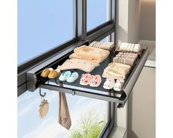 Droogrek-Wasrek hangend-Wandgemonteerde Uitschuifbare Wasrek met 8 Haken & Zwevende Planken -Heavy-Duty Aluminium-Grijs 60 cm.