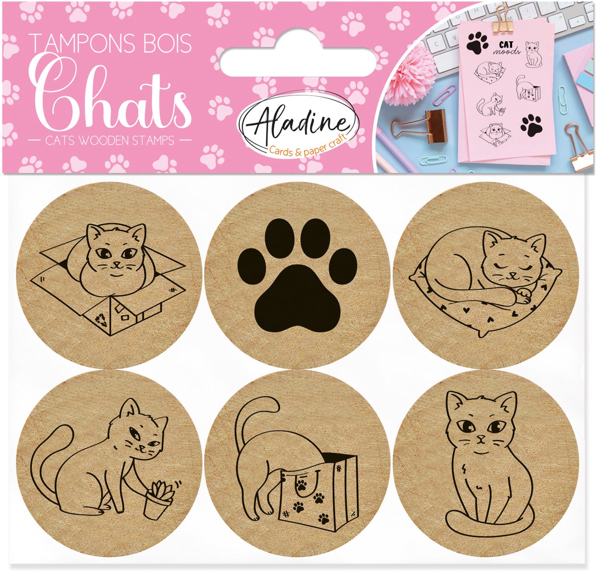 Aladine Ronde Houten Stempels Katten 6 stuks