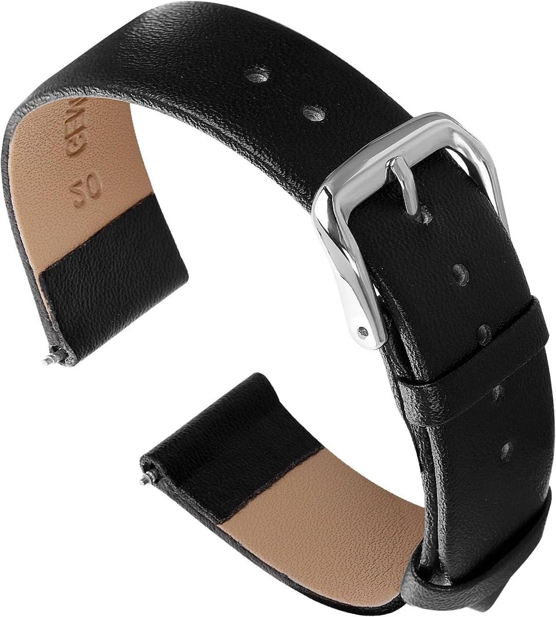 Horlogebandje Leder - Vervangend Bandje - Quick Release - Geschikt voor Dames en Heren - Universeel - RVS Gesp - Kalfsleer - Zwart