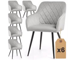 Set van 6 Eetkamerstoelen VELTO met Armleuningen / Gestoffeerde Stoelen / Fluwelen Stoelen en Metalen Poten / Grijs met zwarte benen