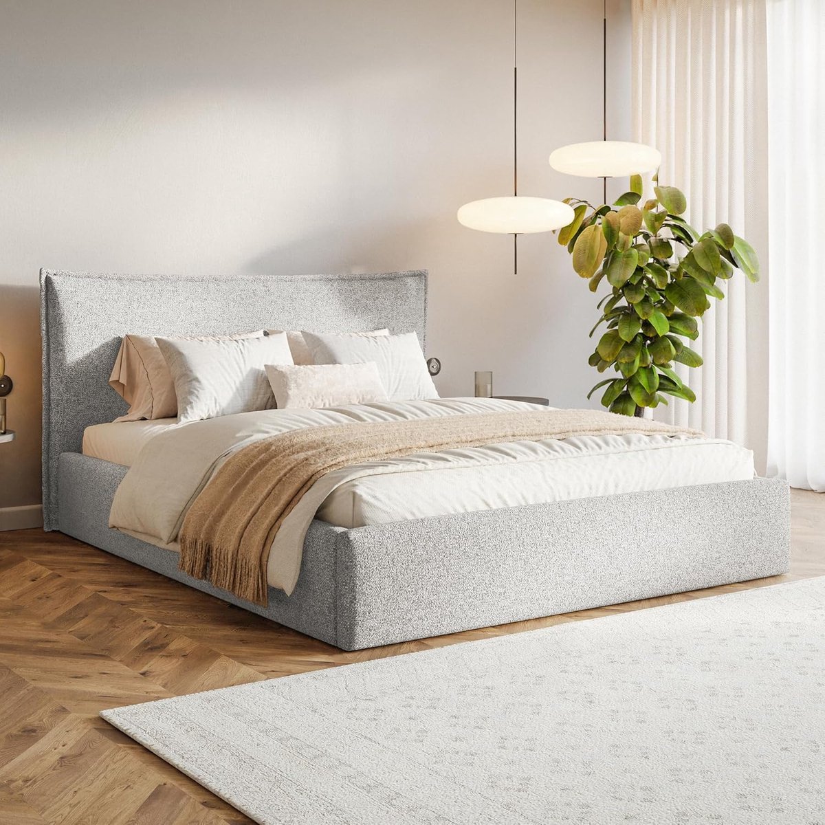 Gestoffeerd Bed 200x200 cm Lichtgrijs met Hoofdeinde en Opbergruimte – Modern Bed met Lattenbodem en Bedlade – Comfortabel en Duurzaam – Pauwhome