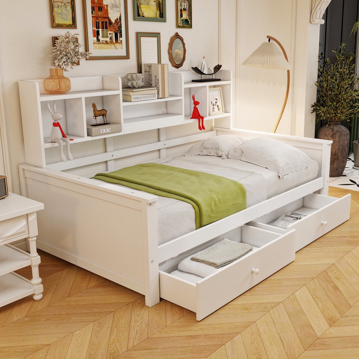 Sweiko Slaapbank - 90x200 cm - 2 lades - Opbergplank - Kinderbed - Wit