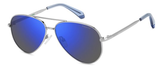 Lunettes de soleil pilote argentées avec verres miroirs bleus et embouts de branches bleu clair.