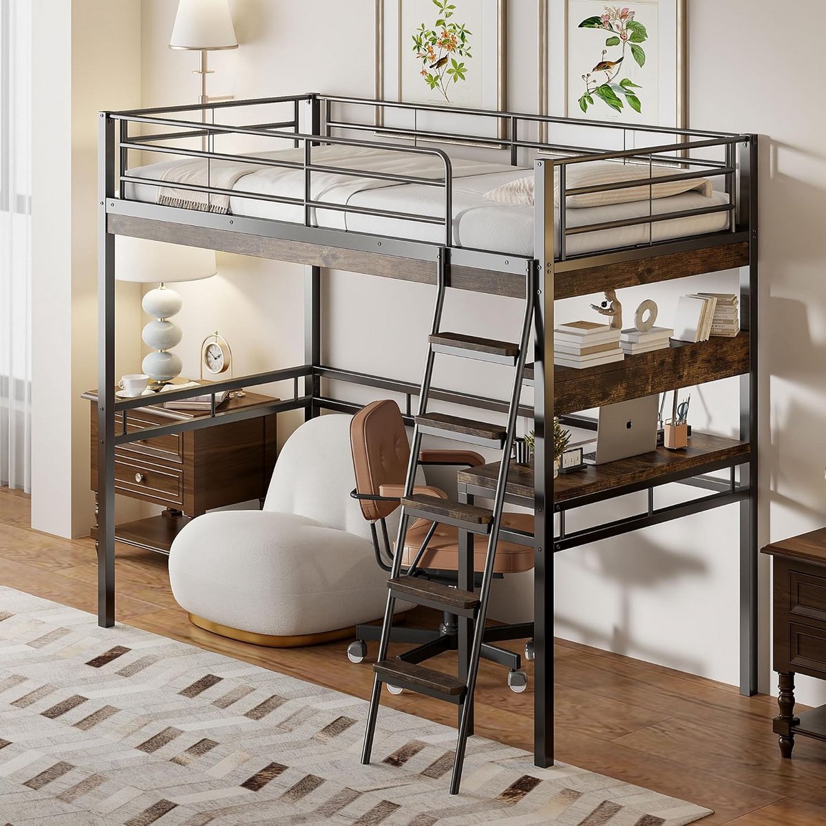 Stapelbed met bureau 90x200 zwart - metalen bed met opklapbare tafel en ladder