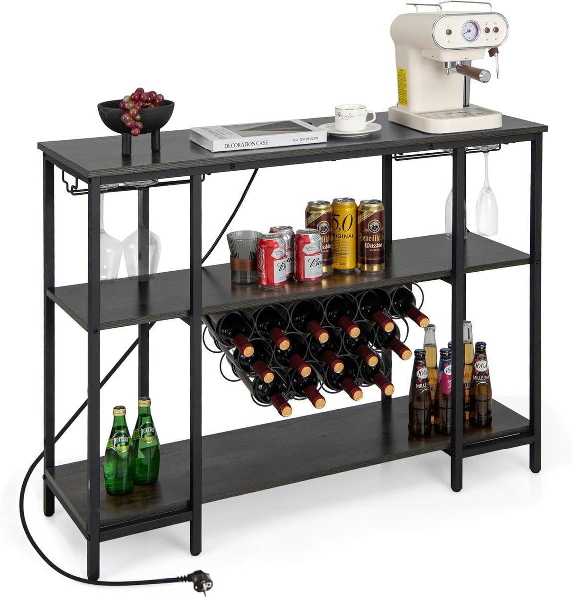 KOMFOTTEU Wijnrek met stopcontacten voor 15 flessen en glashouder, vrijstaand, multifunctioneel rek, keukenrek voor keuken, bar, 113 x 35 x 85 cm (grijs)