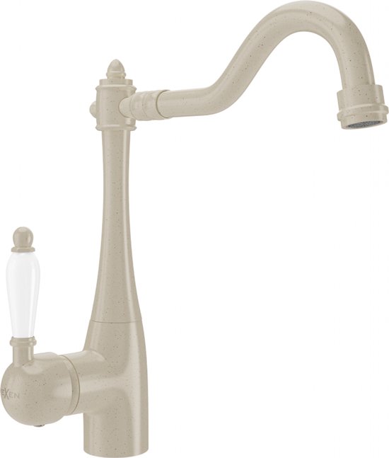 Beige keukenkraan met textuur, met een hoge, gebogen uitloop en een witte, gedecoreerde hendel.