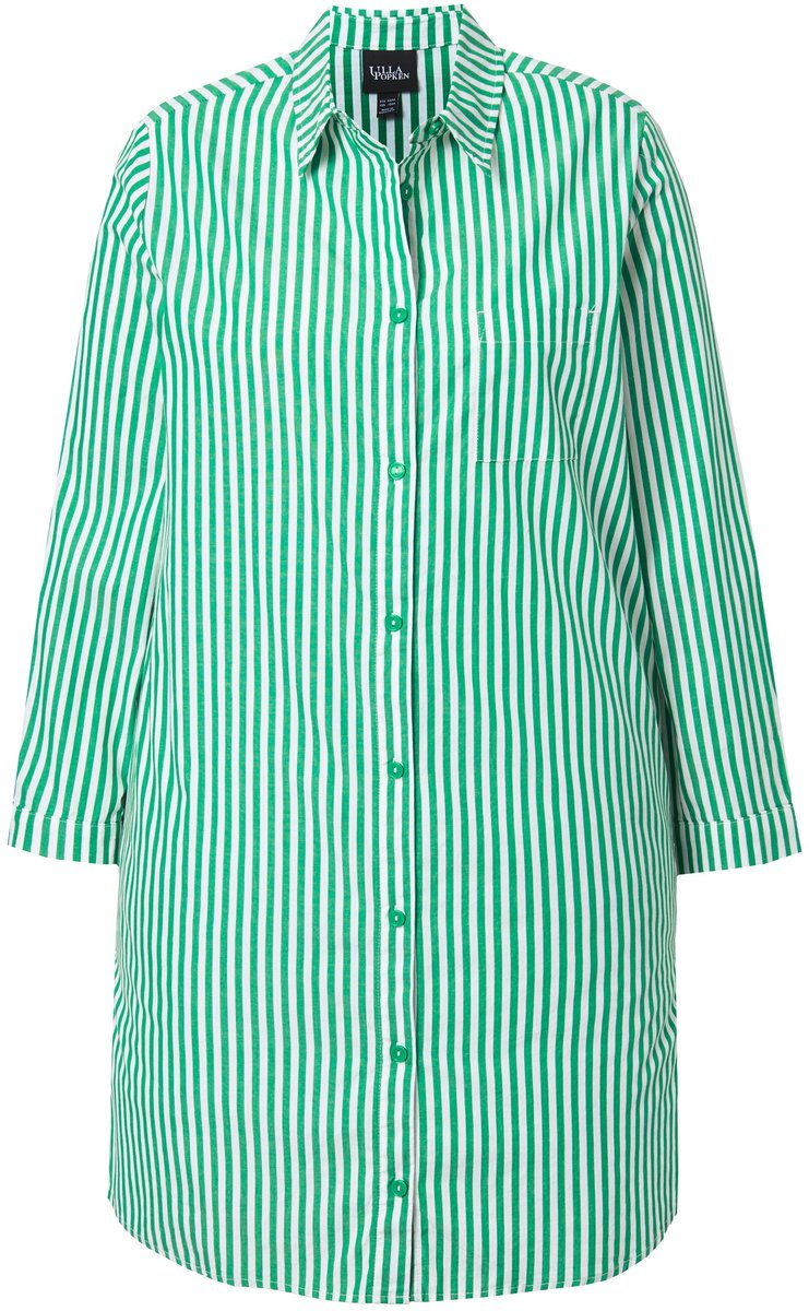 Ulla Popken - Dames - Overhemdblouse strepen overhemdkraag A-lijn lange mouw - Smaragdgroen - Maat 58+
