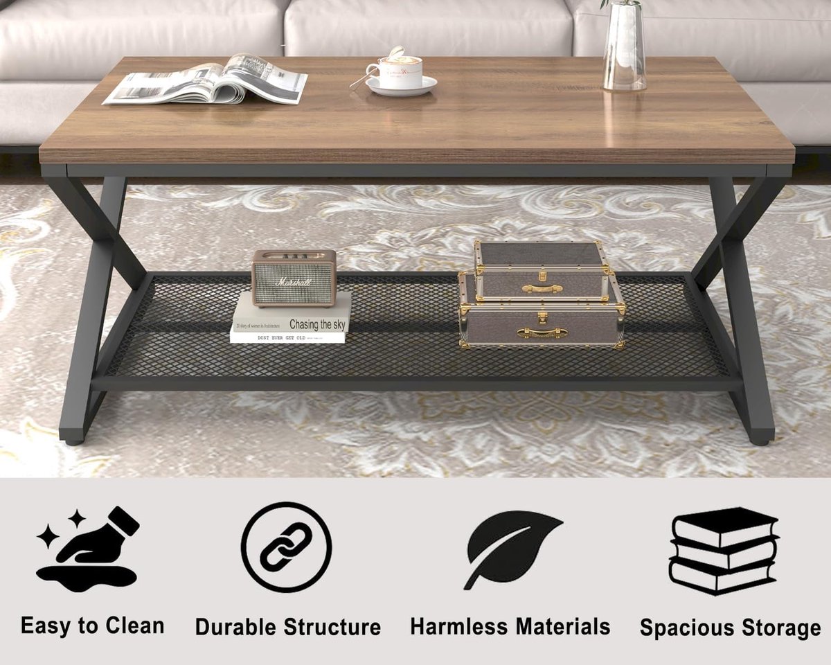 Salontafel met Opbergruimte 100 x 60 x 45 cm – Industriële Woonkamertafel Rechthoekig – Hout & Metaal –Lichte Houttint Eiken– Moderne Koffietafel met Onderrek – Pauwhome