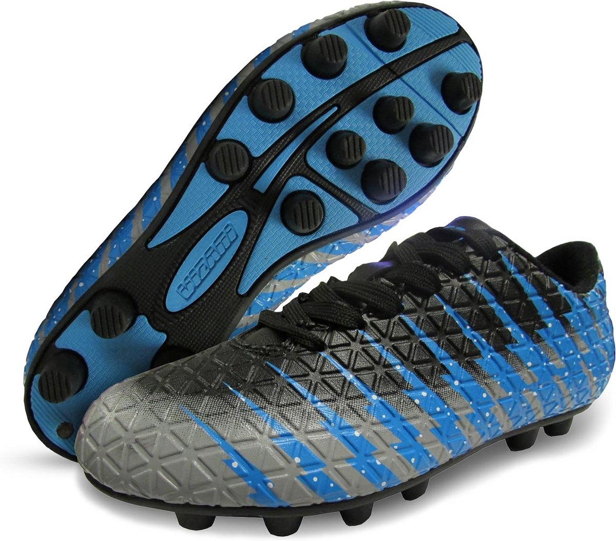 Stevige voetbalschoenen voor kinderen in zwart met blauwe accenten, ontworpen voor stevige, natuurlijke ondergronden.