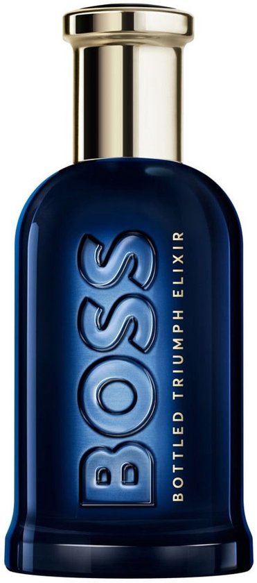 Donkerblauwe BOSS BOTTLED TRIUMPH ELIXIR parfumfles met gouden dop.