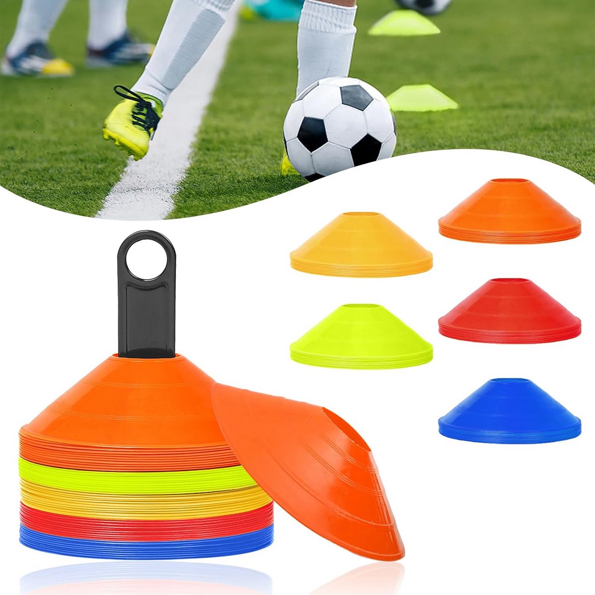 50-delige set markeringshoedjes met gaasnet en standaard - training voor voetbal, hockey, handbal en coördinatie