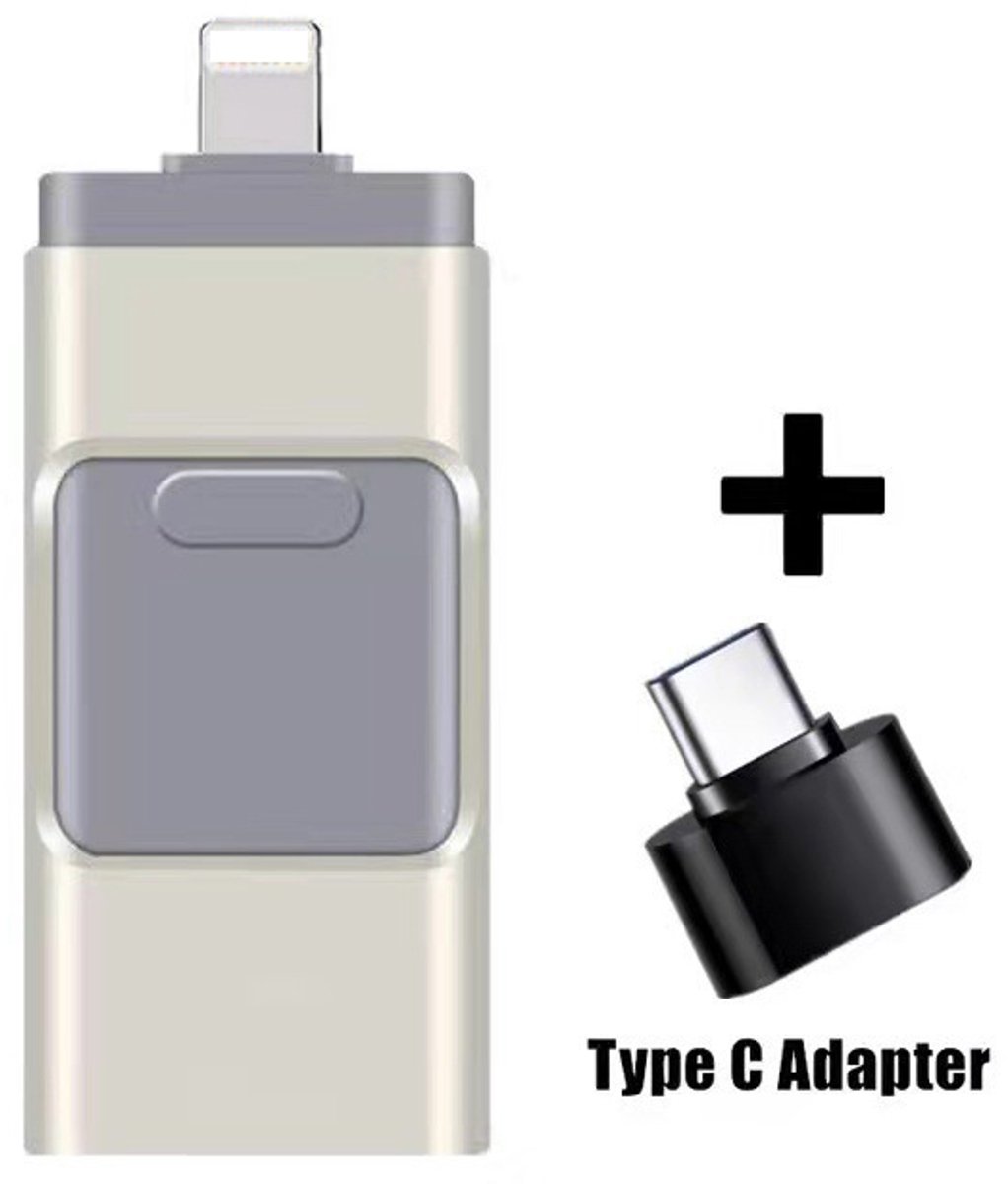 4-in-1 USB-flashdrive/opslagstick voor iPhone, iPad, pc, iOS en Android (64 GB, zilver)