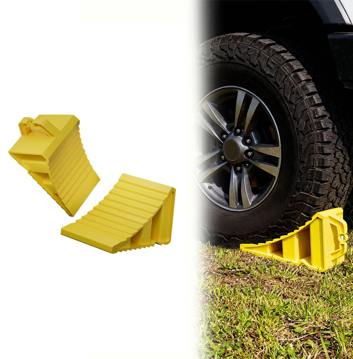 Aufun Plastic Wielblokken Met Handgrepen - Set Van 2 - Geel - Remblokken - Geschikt Voor Auto's, Vrachtwagens, Aanhangwagens, Campers, Wielblokken