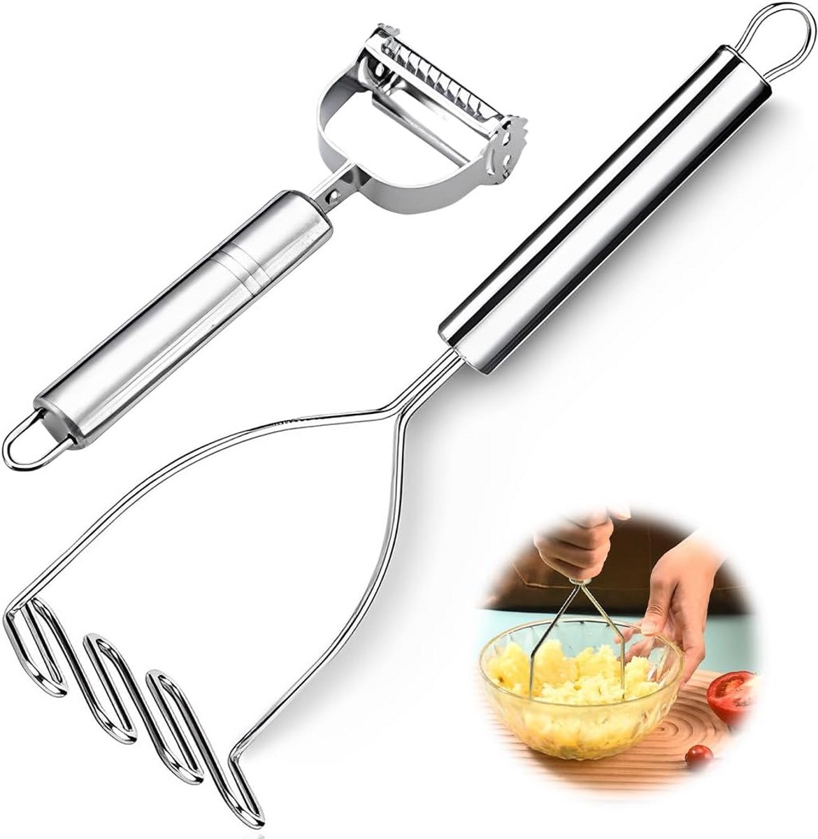 Aardappelstamper roestvrij staal met schilmes - handstamper voor puree - vaatwasmachinebestendig 24 cm