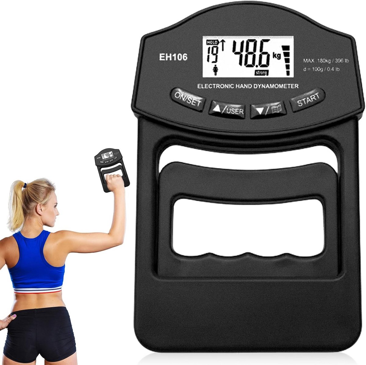 Digitale Handkrachtmeter 180 kg met Groot LED Scherm en USB Oplaadbaar